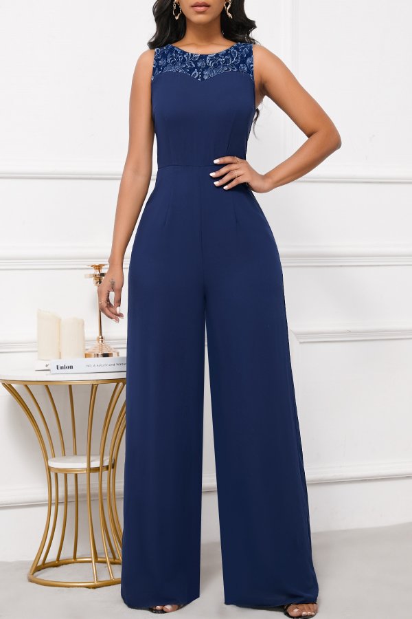 Embroidery Long Round Neck Navy Jumpsuit and Cardigan