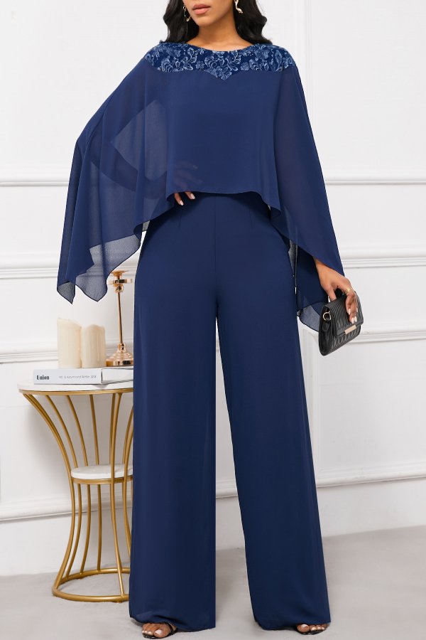 Embroidery Long Round Neck Navy Jumpsuit and Cardigan