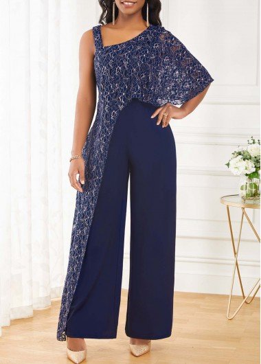 Navy One Shoulder Sleeveless Lace Jumpsuit