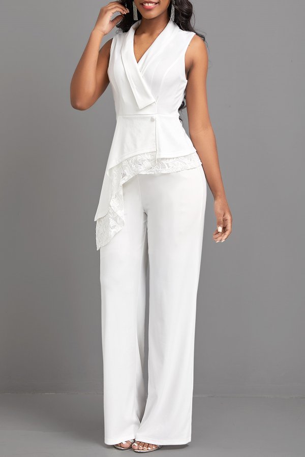 Lace White Long Turn Down Collar Sleeveless Jumpsuit