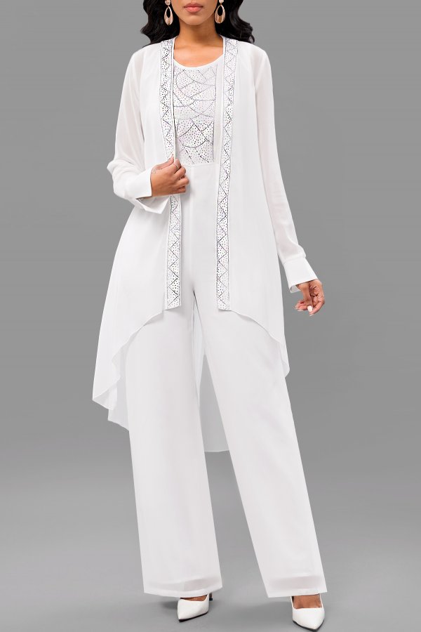 Hot Drilling Long Round Neck White Jumpsuit and Cardigan