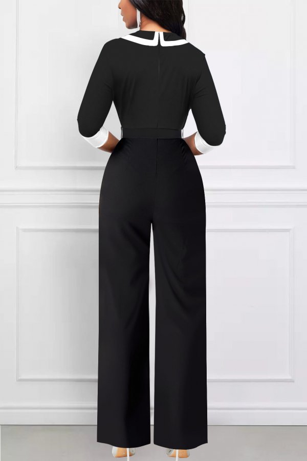 Patchwork Black Belted Long Lapel Jumpsuit
