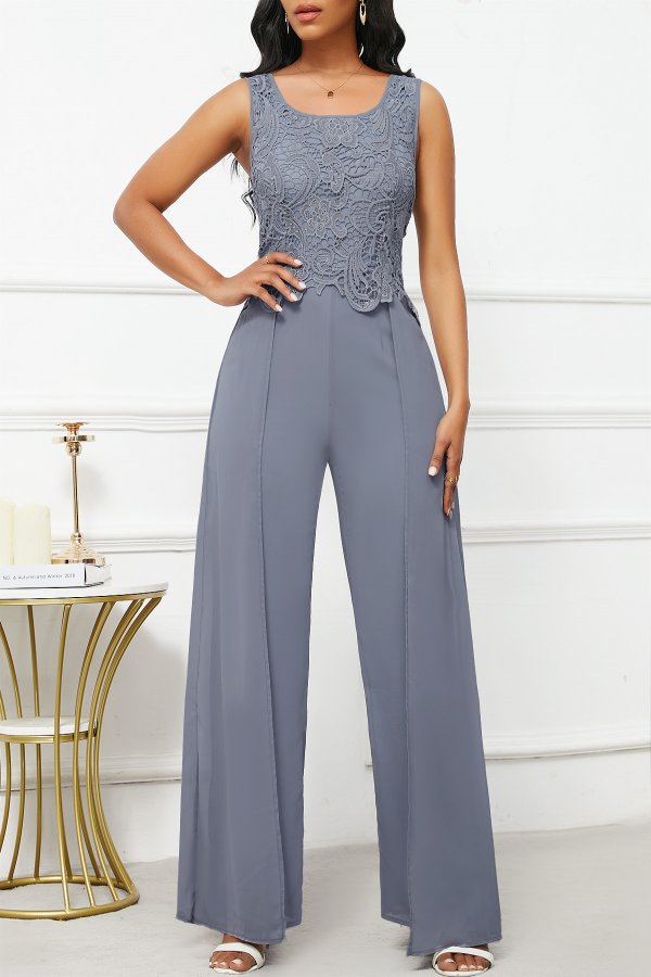 Patchwork Long Scoop Neck Grey Jumpsuit and Cardigan