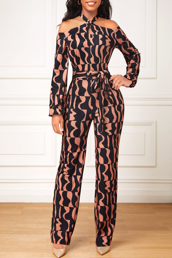 Cut Out Geometric Print Dark Coffee Belted Jumpsuit