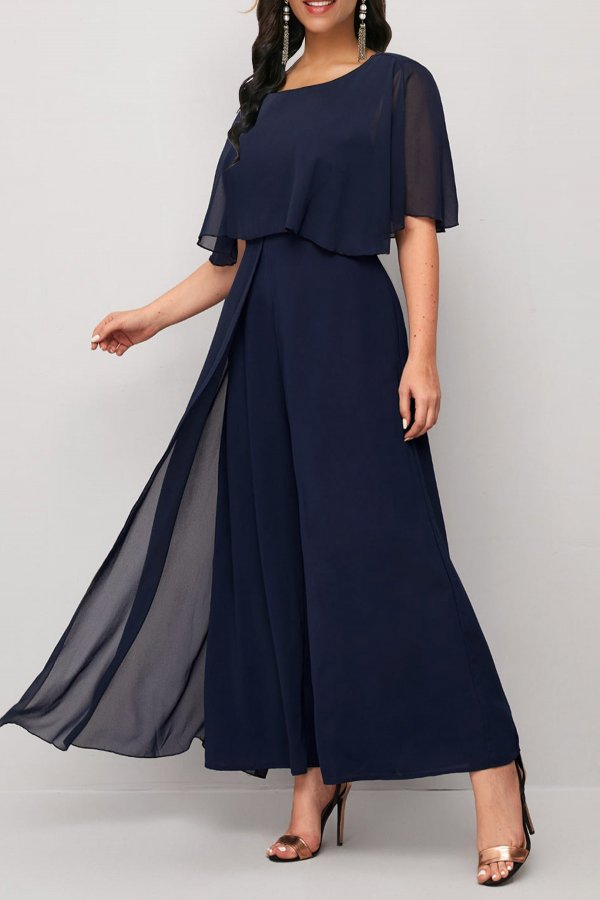 Asymmetry Navy Ankle Length Round Neck Jumpsuit