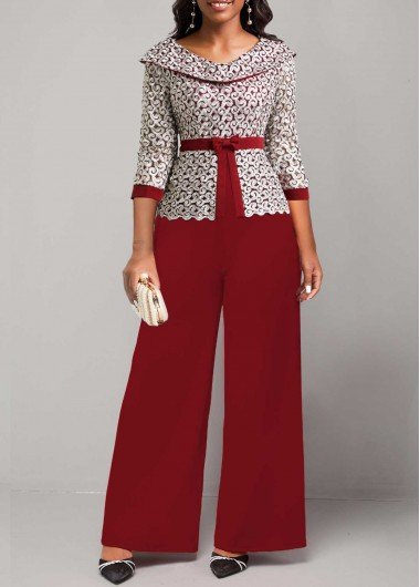 Embroidery Wine Red Ankle Length V Neck Jumpsuit