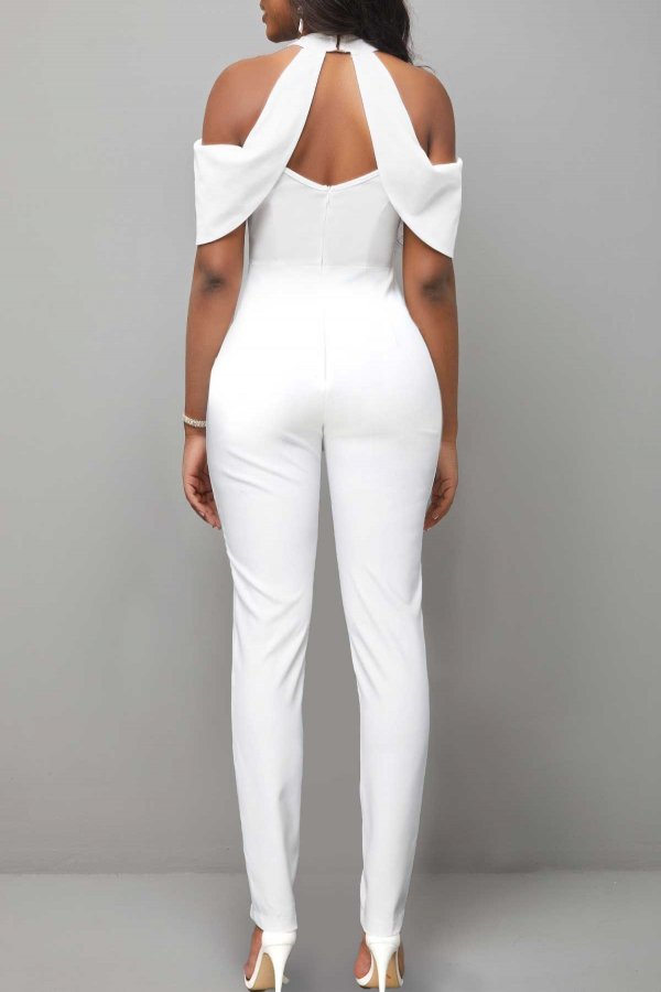Cold Shoulder Short Sleeve White Jumpsuit