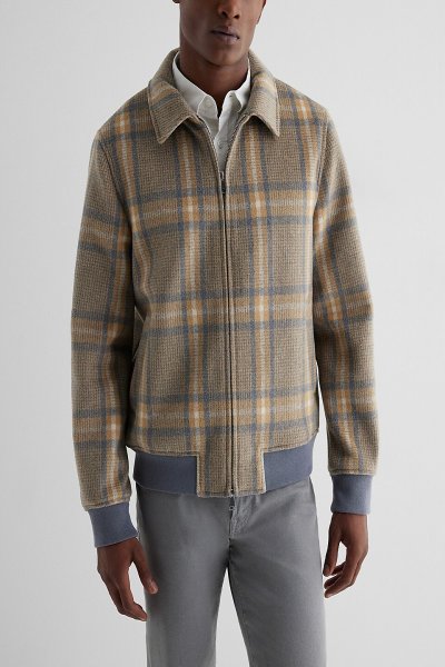 Men's Casual Check Wool Blend Bomber Jacket - Dry Clean Only