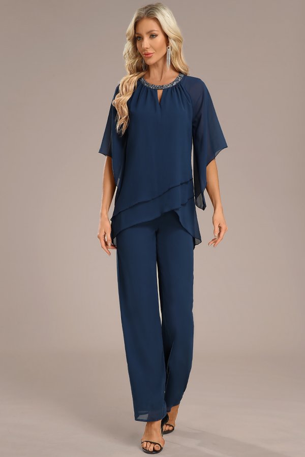 Layered Navy Long Round Neck Jumpsuit