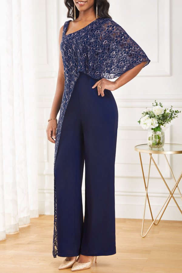 Navy One Shoulder Sleeveless Lace Jumpsuit