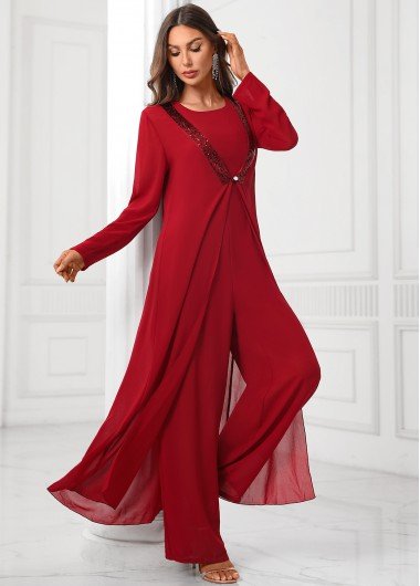 Sequin Deep Red Round Neck Jumpsuit and Cardigan