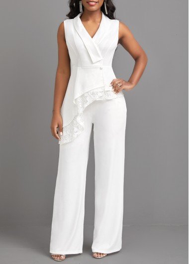 Lace White Long Turn Down Collar Sleeveless Jumpsuit