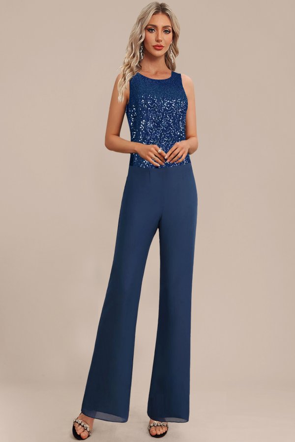 Patchwork Navy Long Round Neck Sleeveless Jumpsuit and Cardigan