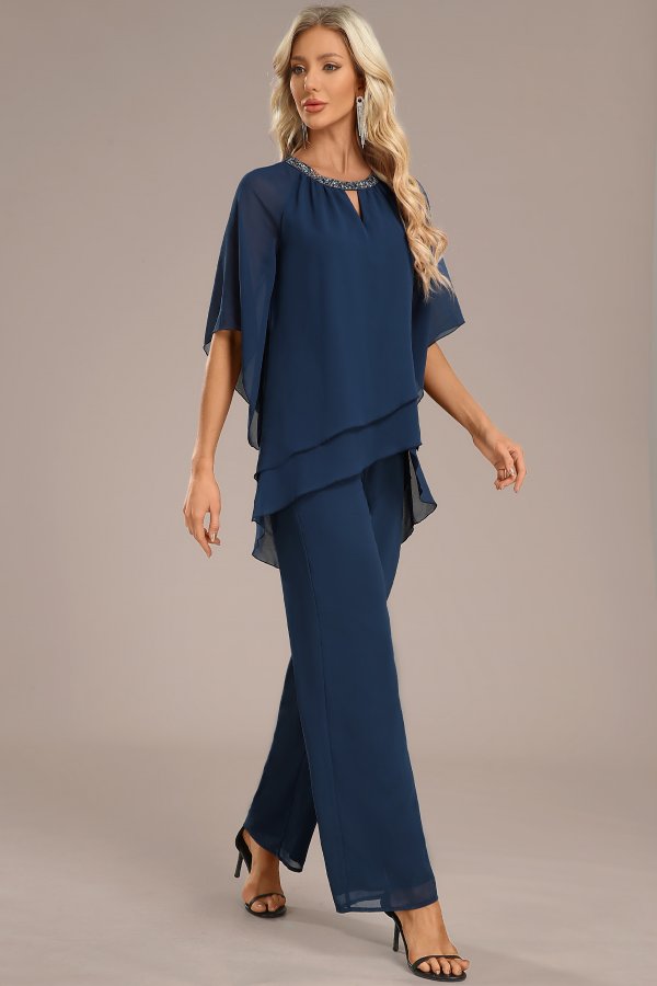 Layered Navy Long Round Neck Jumpsuit
