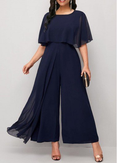 Asymmetry Navy Ankle Length Round Neck Jumpsuit