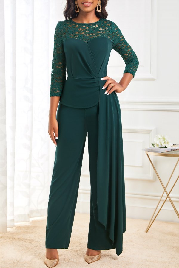 3/4 Sleeve Blackish Green Lace Stitching Jumpsuit