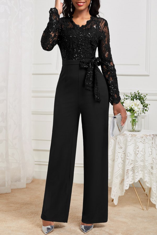 Lace Black Belted Long V Neck Jumpsuit