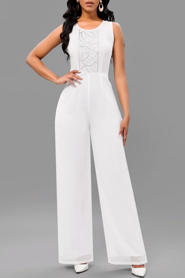 Hot Drilling Long Round Neck White Jumpsuit and Cardigan