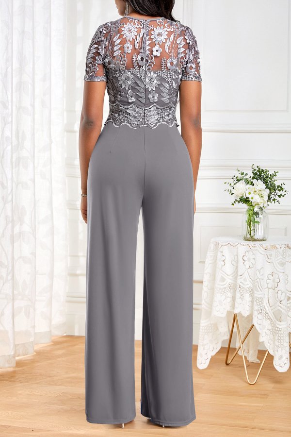 Embroidery Grey Long Round Neck Short Sleeve Jumpsuit