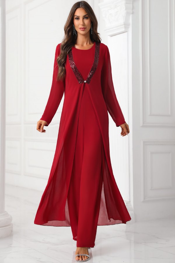 Sequin Deep Red Round Neck Jumpsuit and Cardigan