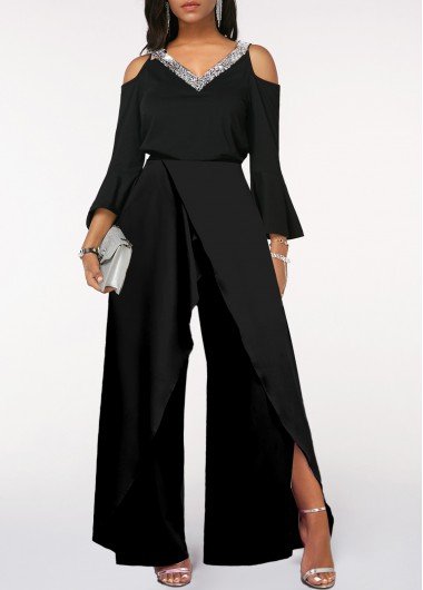Sequin Black Long Sleeve V Neck Jumpsuit