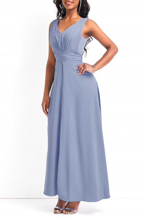 V Neck Layered Dusty Blue Ankle Length Jumpsuit